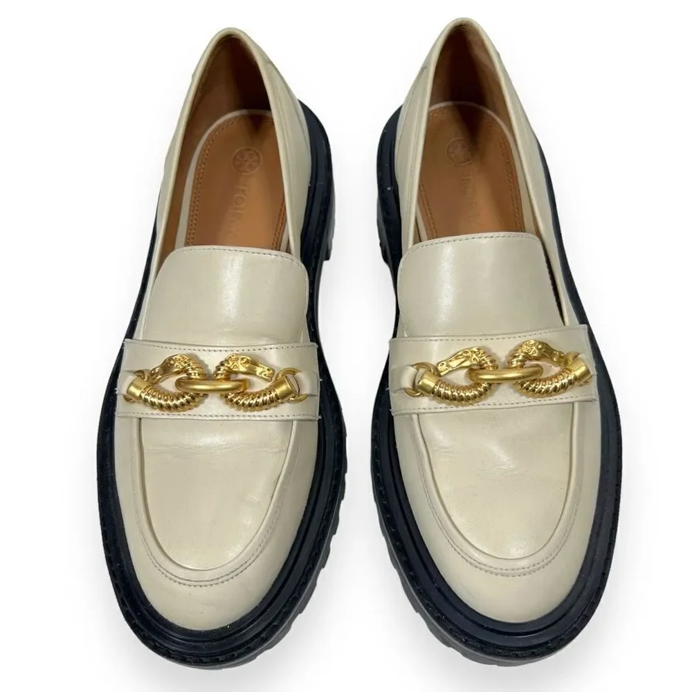 Tory Burch Jessa Leather Lug Sole Gold Chain Link Loafers Cream Academia Size 8